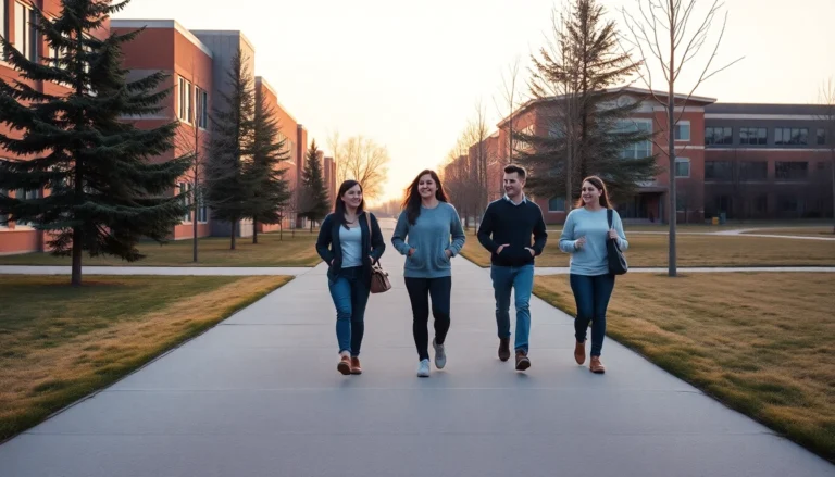 Students walking across a campus walkway at Burman University in Lacombe, Alberta
