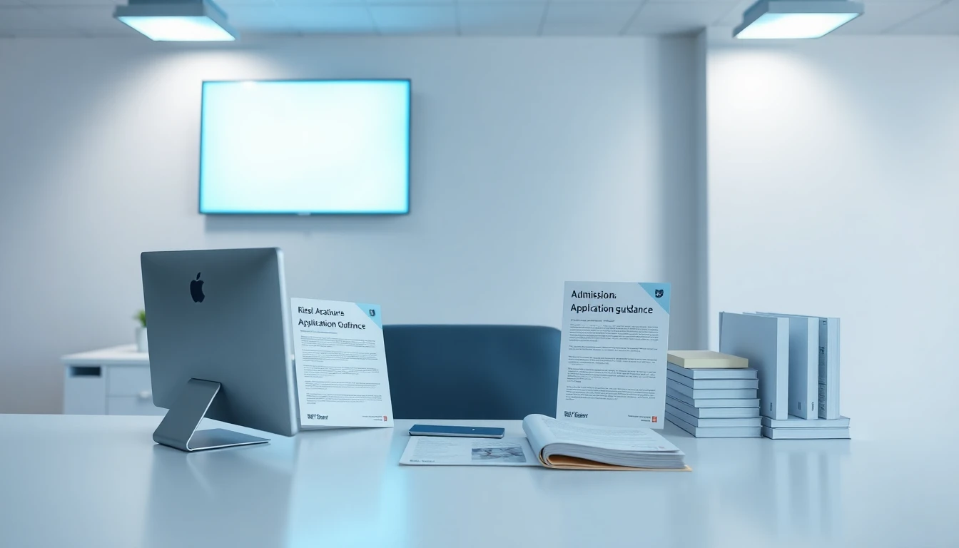 Admissions office counter desk with university brochures and application guidance materials