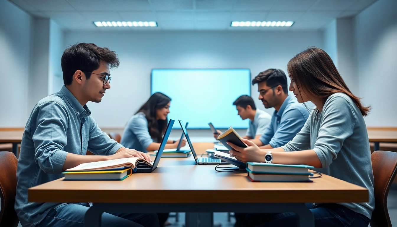 Students working at a university table using books and a laptop inside a common learning space