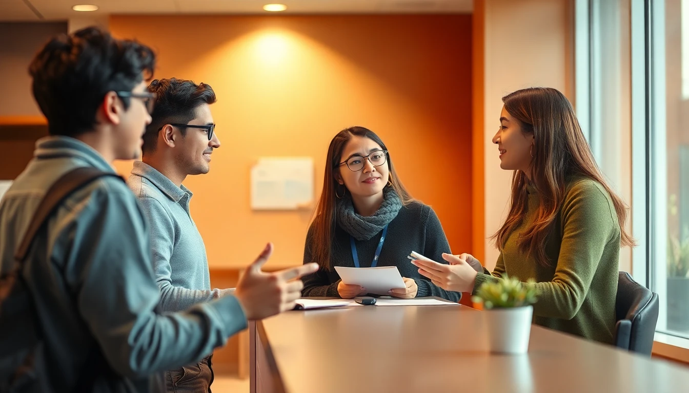 Students consulting a help desk in a student services area at King