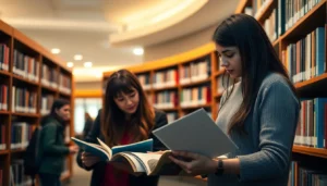 Students studying research materials at Riddell Library inside Mount Royal University