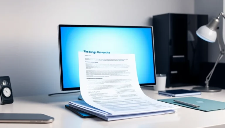 A university office desk with printed admissions forms and a checklist for The King’s University