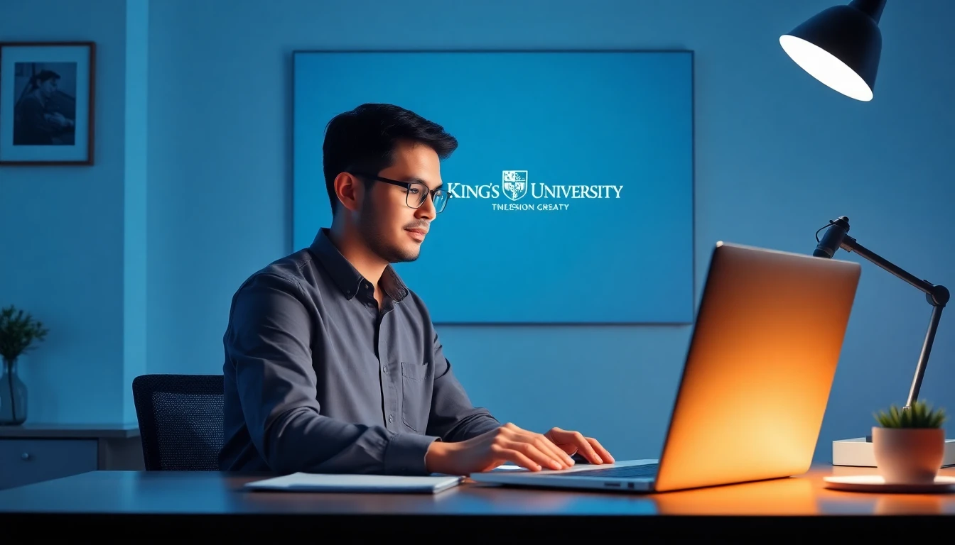 An admissions counselor reviewing a student application on a computer screen at The King’s University