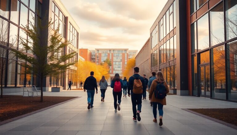 University of Calgary campus walkway with students heading toward academic buildings