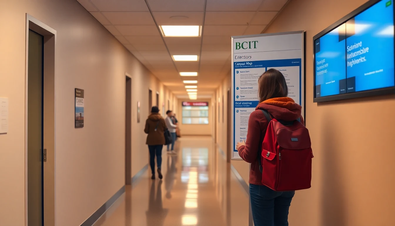 A campus map and building directory display showing BCIT locations across Greater Vancouver near Burnaby