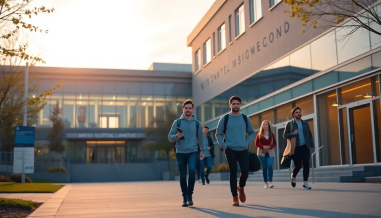 British Columbia Institute of Technology Burnaby: A modern college campus building entrance with students walking in Burnaby,