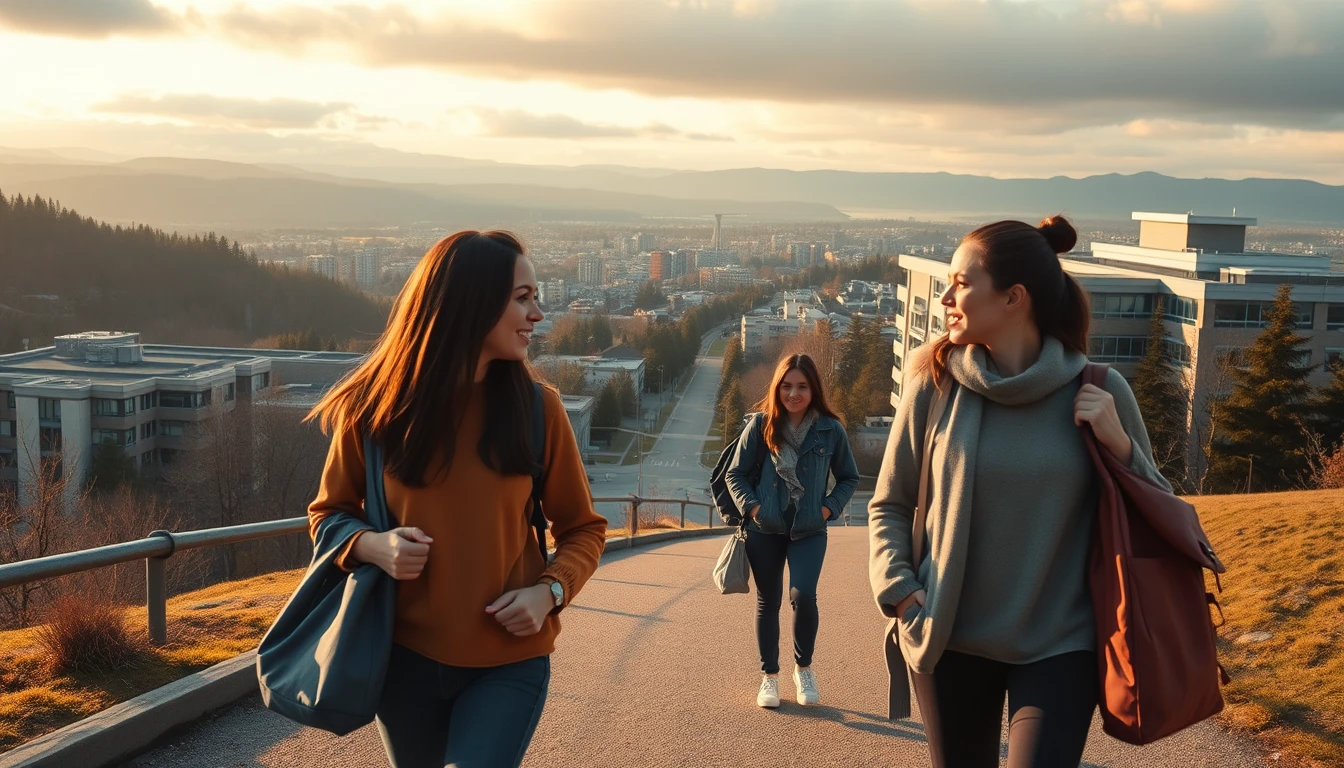 Simon Fraser University Burnaby Canada: Students walking near Simon Fraser University campus on Burnaby Mountain in Burnaby C