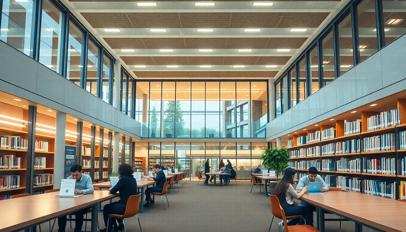 W.A.C. Bennett Library at Simon Fraser University Burnaby with students studying indoors