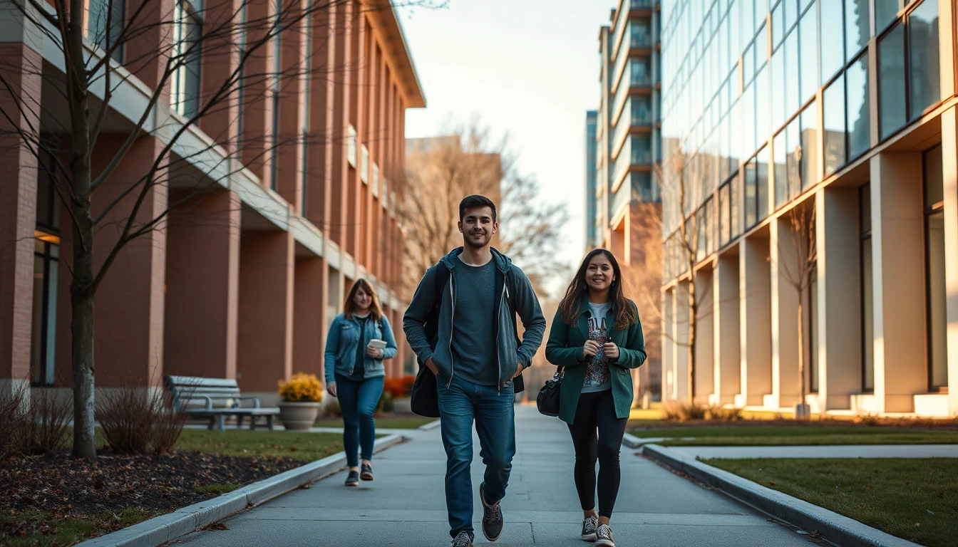 Students walking through Vancouver campus pathways near academic buildings at The University of British Columbia