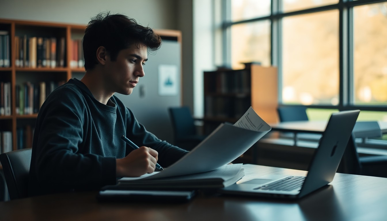 Student studying at a library desk near Bishop