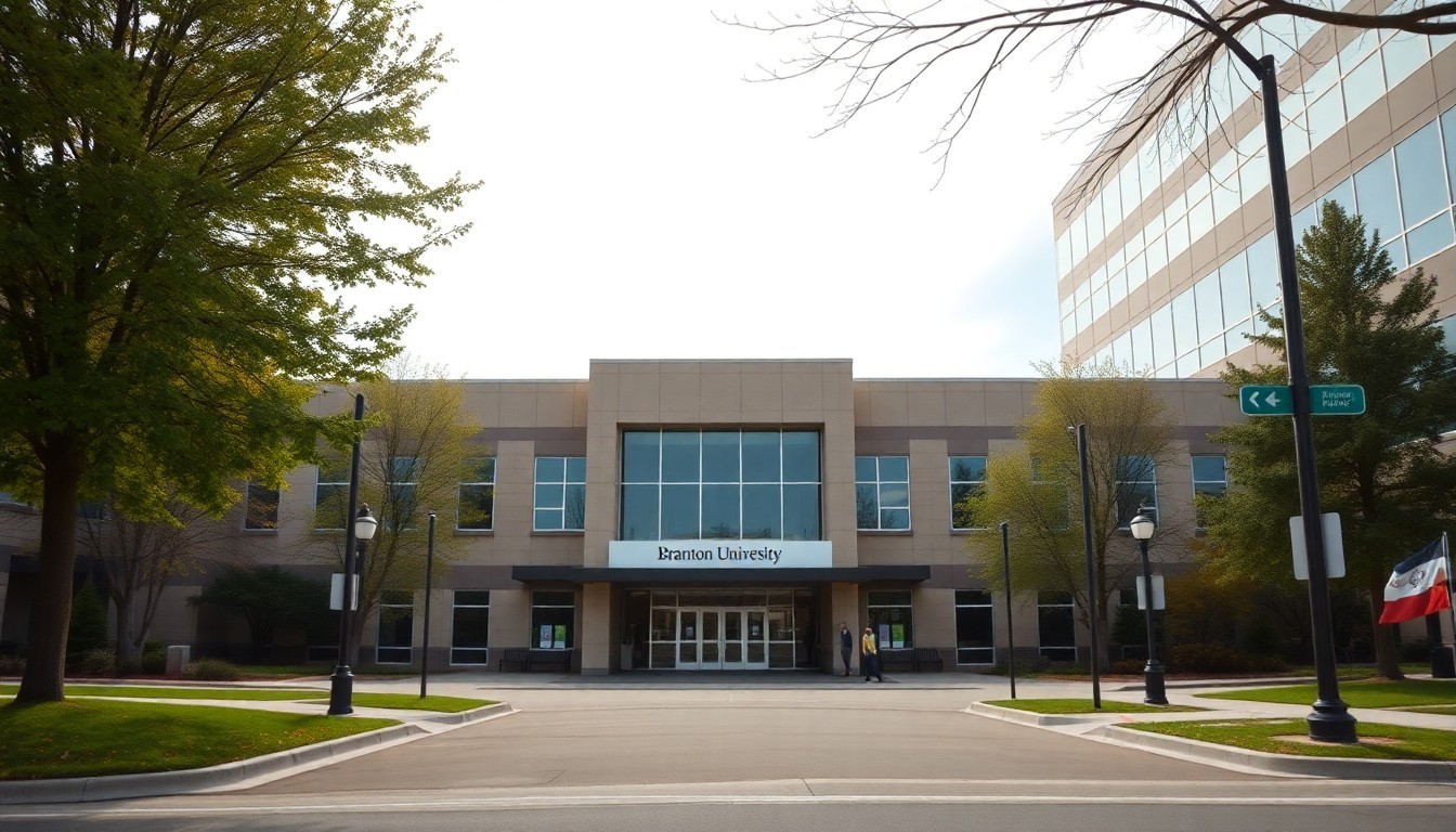 Brandon University main campus entrance in Brandon, Manitoba, Canada street view.