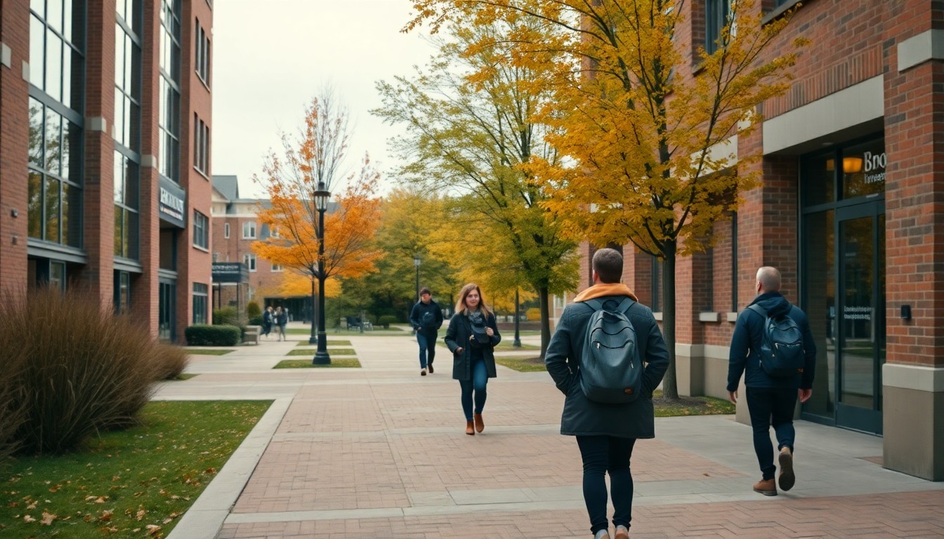 Brock University campus walkway in St. Catharines with students and autumn trees