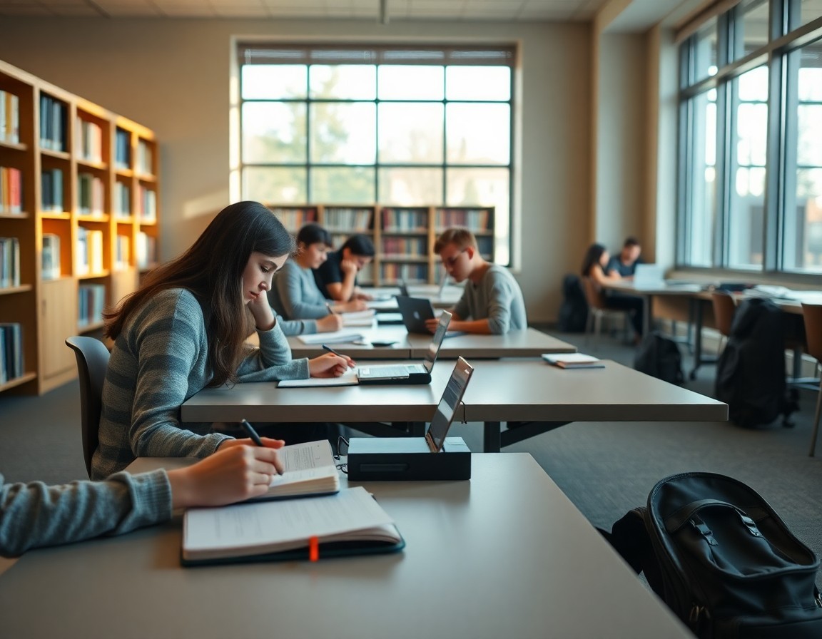Students studying in a Concordia University library workspace with notebooks and laptops