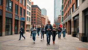 Concordia University campus walkway in Montreal with students crossing between buildings