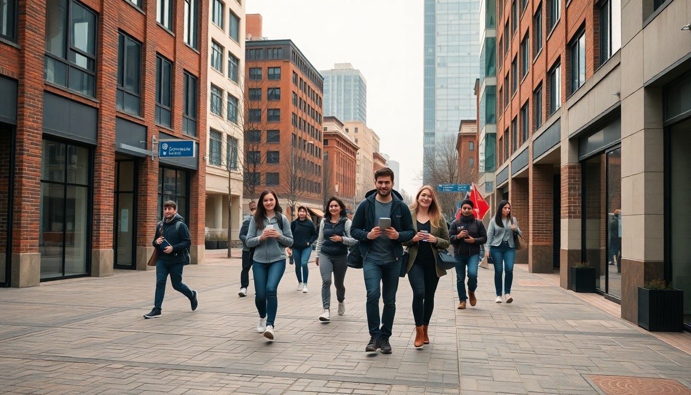 Concordia University campus walkway in Montreal with students crossing between buildings