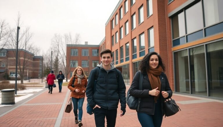 Laurentian University campus path in Sudbury with students and winter trees