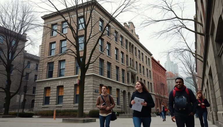 McGill University campus buildings and students on a Montreal street