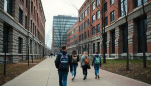 McMaster University campus path beside stone buildings in Hamilton Ontario