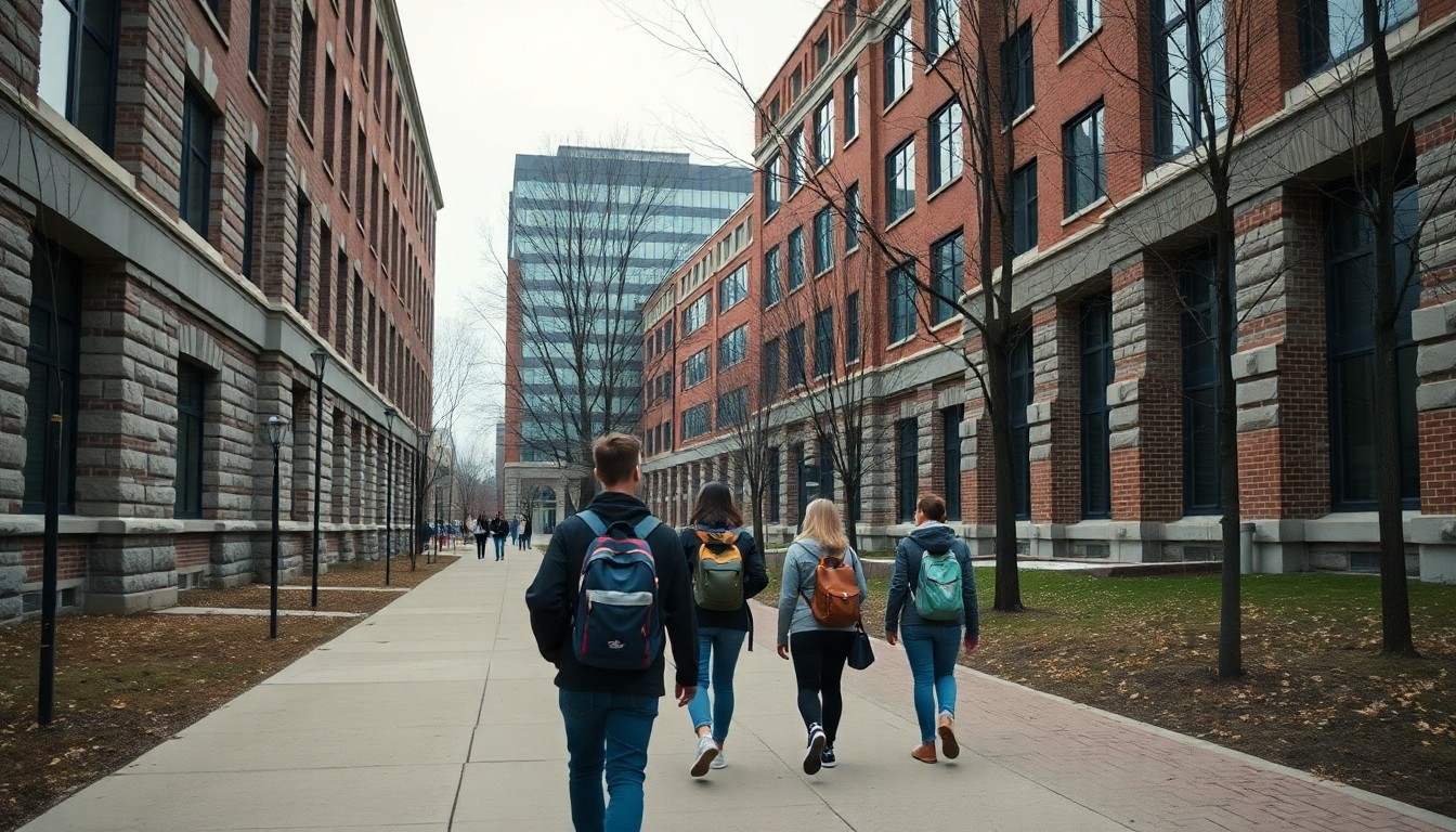 McMaster University campus path beside stone buildings in Hamilton Ontario
