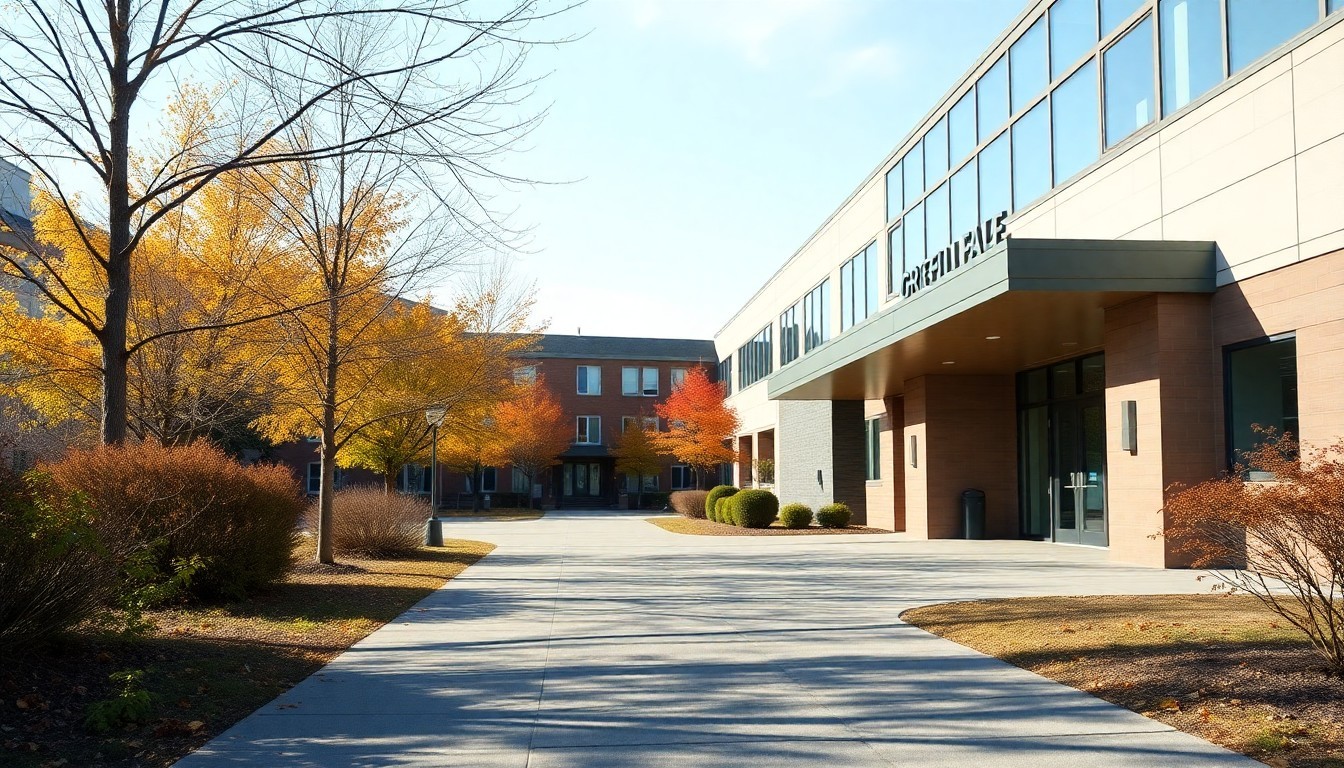 Student-focused view of a Grenfell Campus walkway in Corner Brook at daylight.