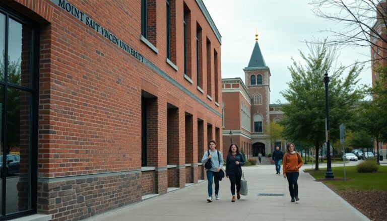 Mount Saint Vincent University campus walkway in Halifax under soft overcast light.