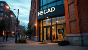 NSCAD University campus building entrance on Duke Street, Halifax at dusk.
