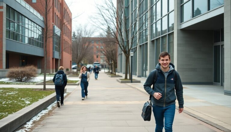 Ontario Tech University campus walkway beside modern academic buildings in Oshawa