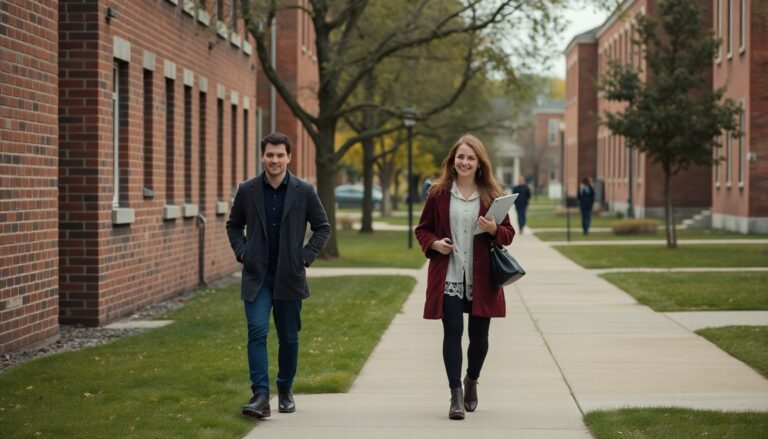 Redeemer University campus path in Ancaster with students walking past brick buildings