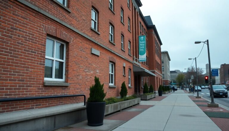 Saint Mary's University Halifax campus facade on Robie Street under soft overcast light.