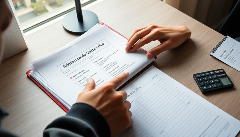 Academic office desk with admission checklists, calendar, and calculator in Quebec.