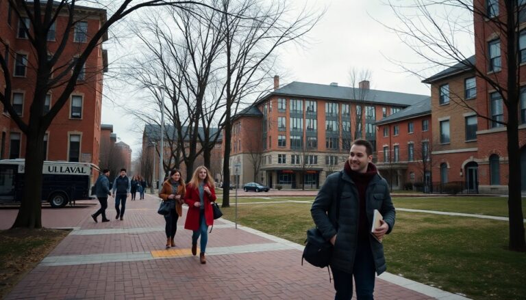 Université Laval campus path in Quebec City with students walking past winter trees