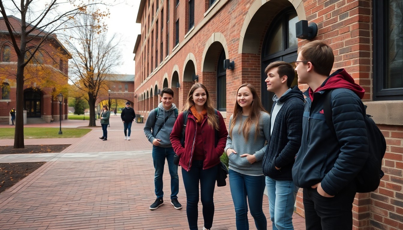 A clear editorial photo related to Universities in Canada showing students outside a Canadian campus building