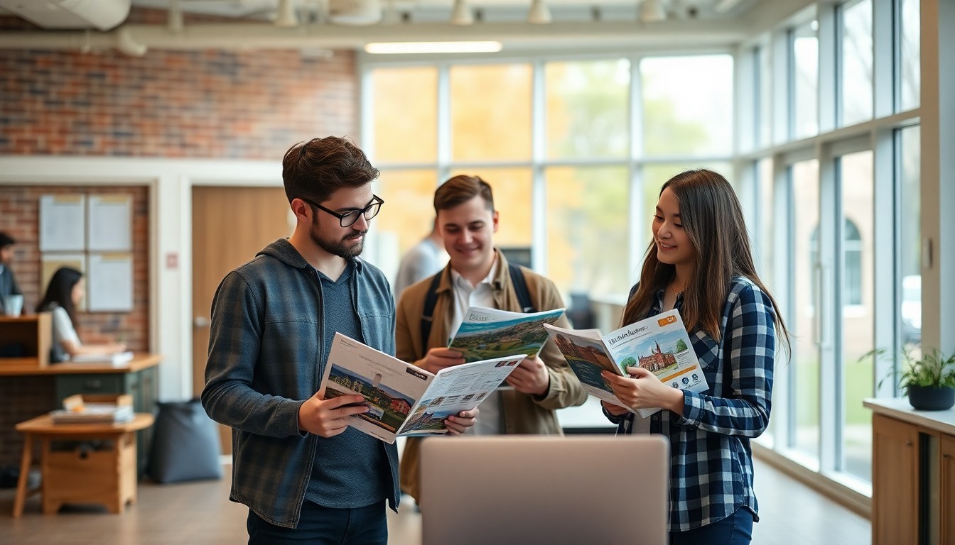 Students reviewing program brochures and campus maps in a bright admissions office