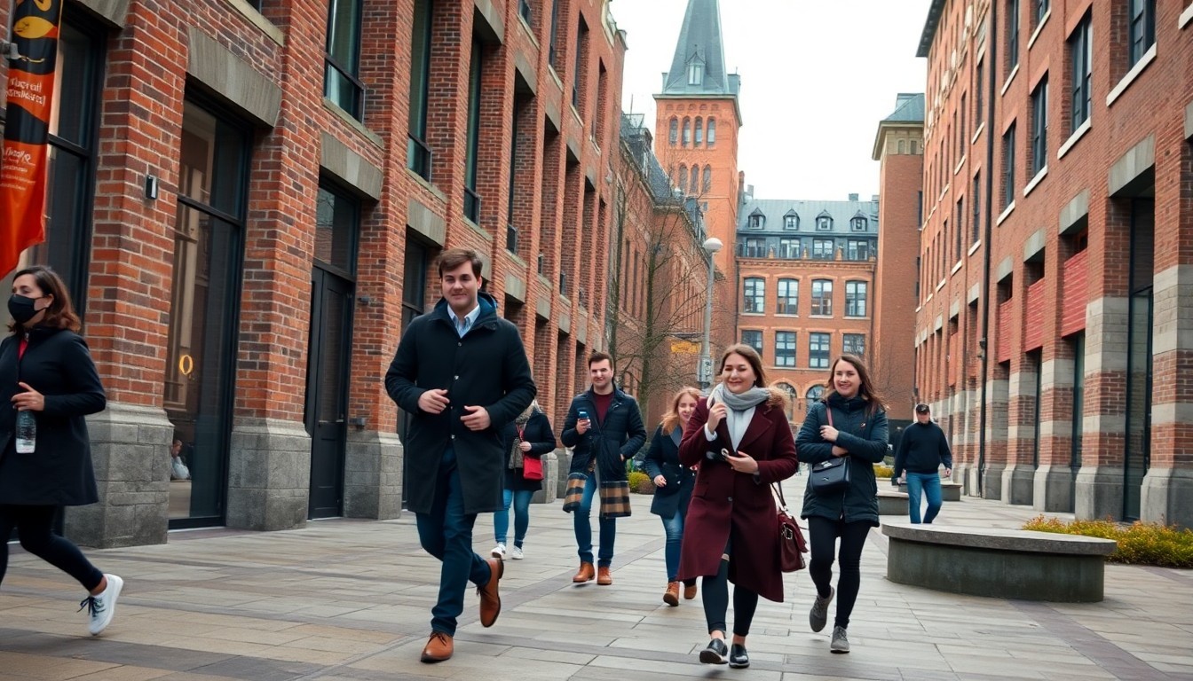 University of Ottawa campus walkway beside brick buildings and students in winter coats