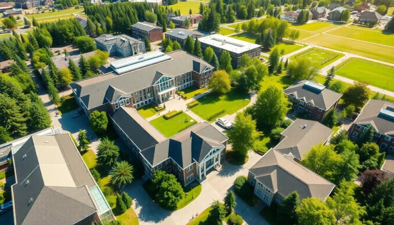 Campus view of University of the Fraser Valley in Abbotsford, BC.