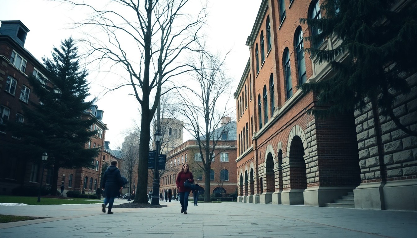 University of Toronto campus walkway with stone buildings and students