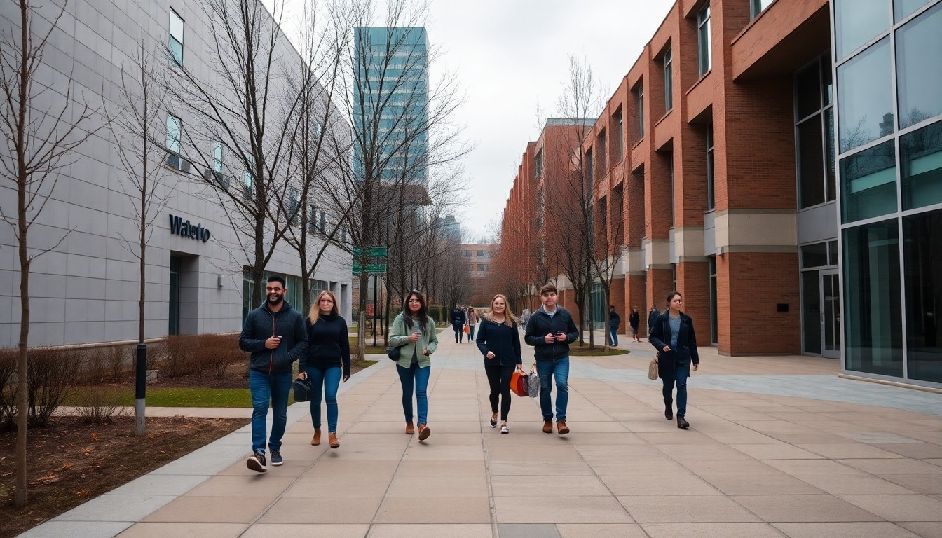 University of Waterloo campus walkway with students and research buildings
