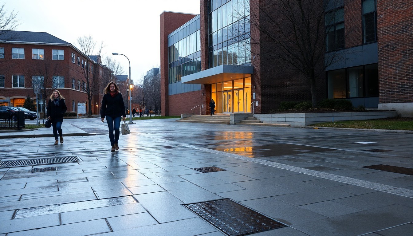 University of Windsor campus entrance on a rainy evening in Windsor Ontario
