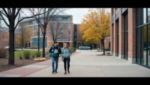 Wilfrid Laurier University campus walkway with students and autumn trees
