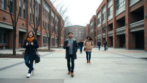 York University campus walkway with students crossing near brick academic buildings