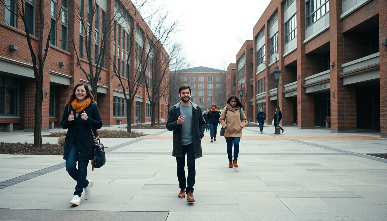 York University campus walkway with students crossing near brick academic buildings