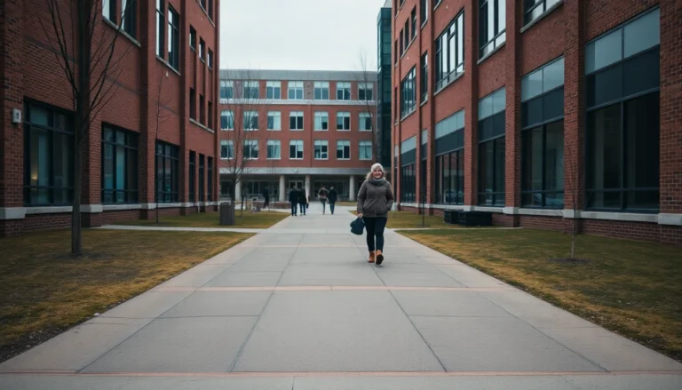 Alaska Pacific University campus walkway in Anchorage, Alaska under overcast sky