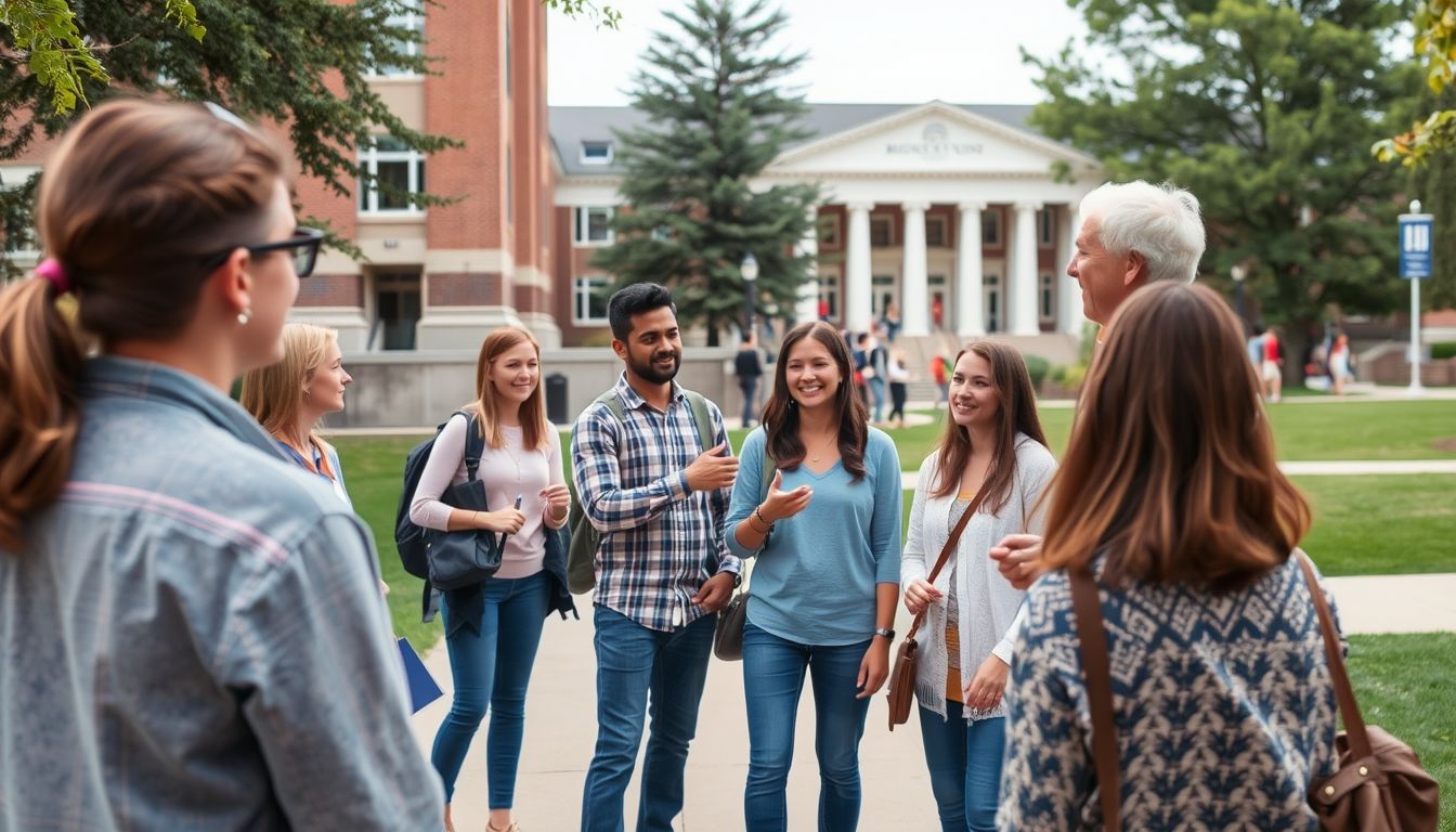 Prospective students and a campus admissions setting with a tour guide speaking to visitors