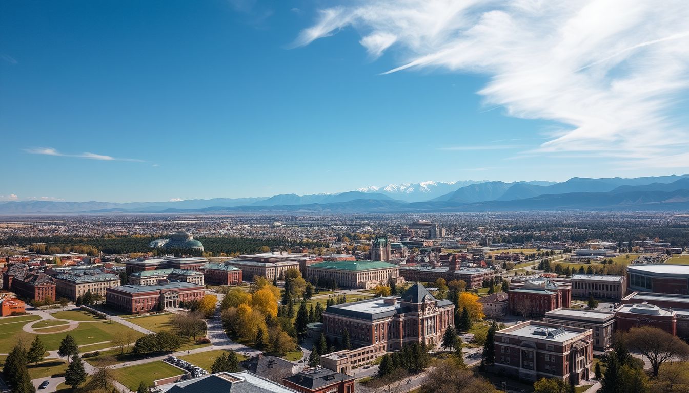 Aerial view of Brigham Young University in Provo with mountain backdrop and surrounding cityscape