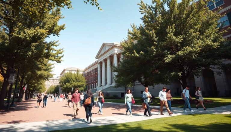 Exterior view of Brigham Young University campus buildings with students walking on a sunny day