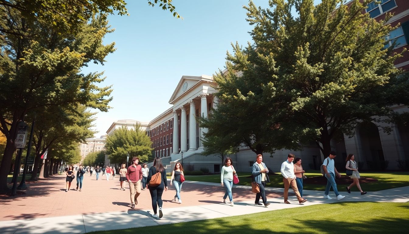 Exterior view of Brigham Young University campus buildings with students walking on a sunny day