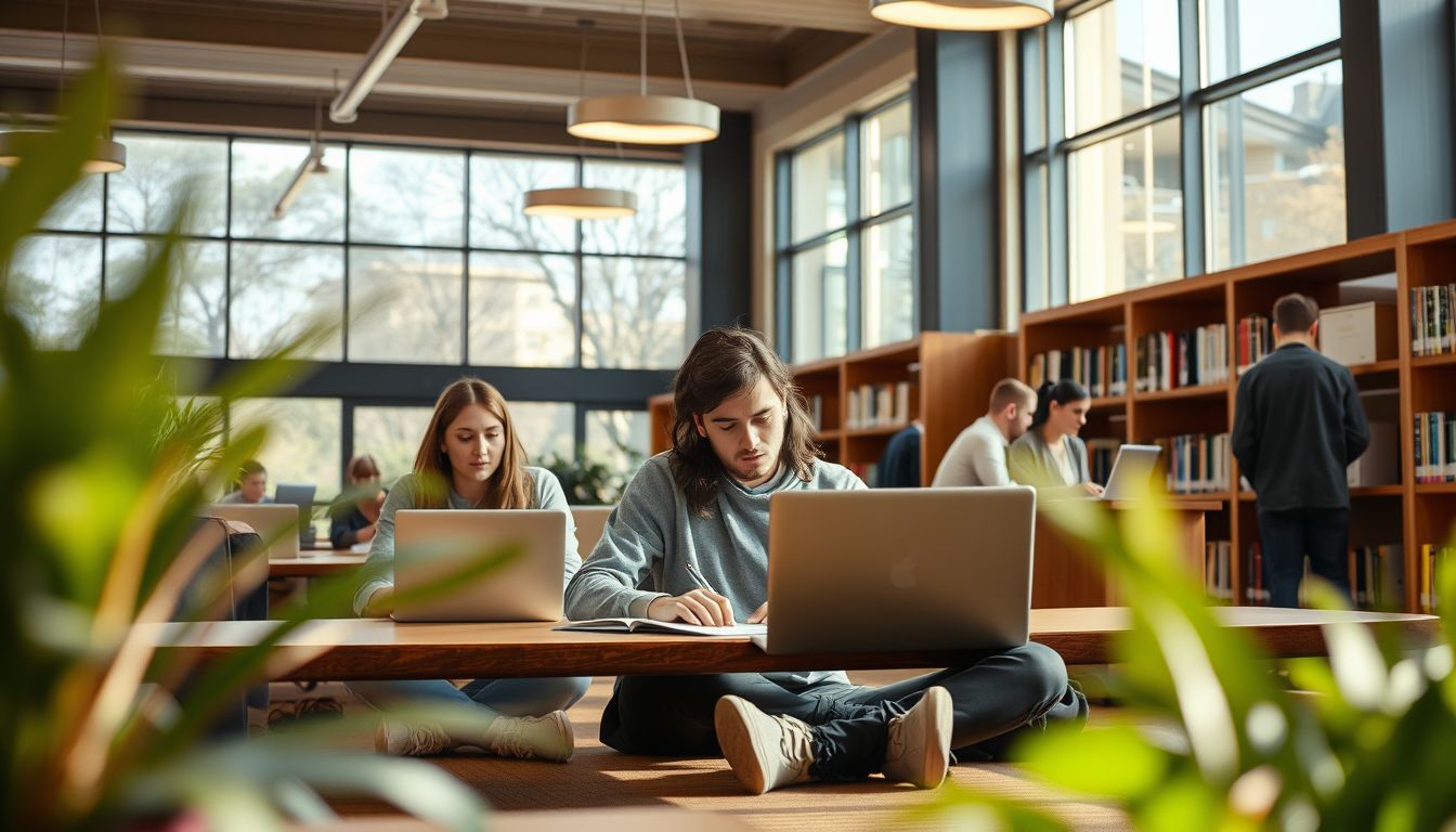 Students studying and collaborating in a modern BYU library or study space