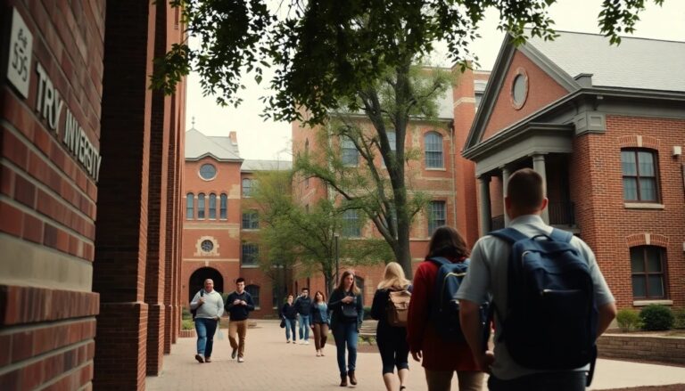 Troy University campus scene with students walking past older brick academic buildings
