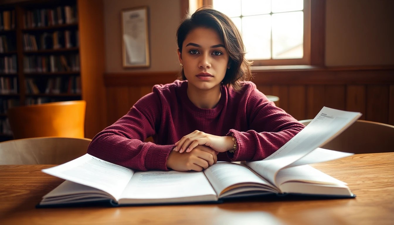 Troy University student at study table reviewing notes in quiet library light