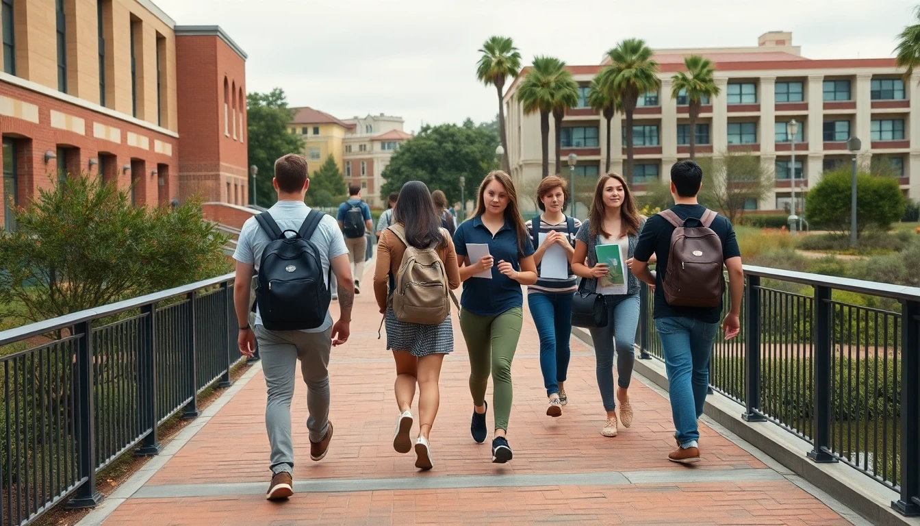 University of California campus street with students walking under overcast sky.